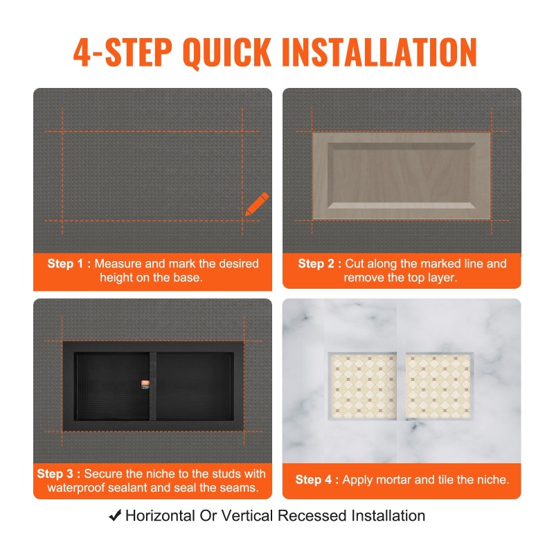 Suihkuseinäsyvennys XPS-muovinen 10x40,64x81,28cm kaksitasoinen vesieristetty seinään upotettava musta