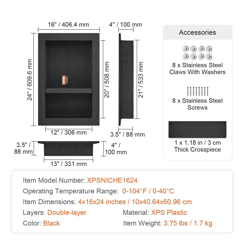 laatoitettava XPS-muovinen suihkusyvennys 40,64 x 60,96 cm kaksikerroksinen musta