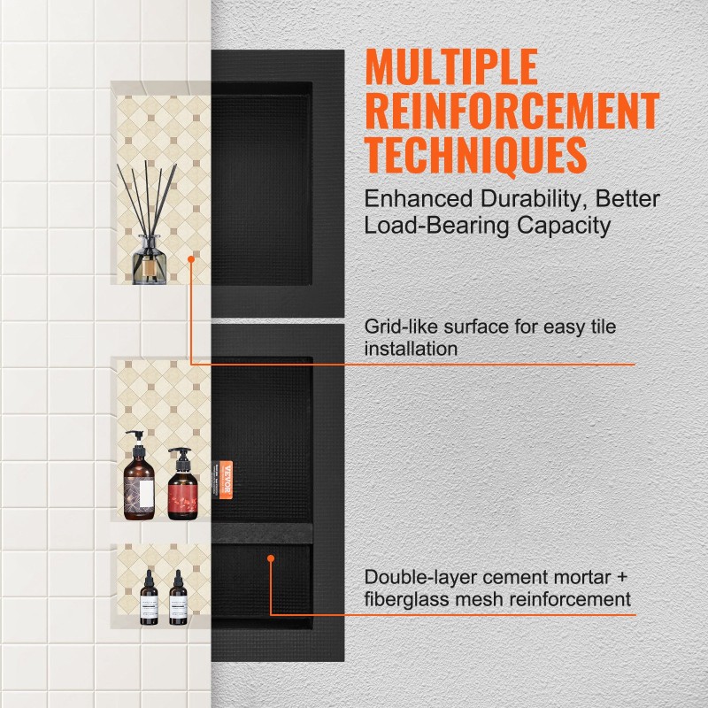 Suihkuseinän hyllysyvennys XPS-muovi kolmitasoinen 40,6x40,6 ja 40,6x50,8 cm musta laatoitettava