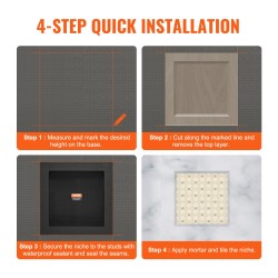 Suihkun seinään upotettava hyllysyvennys XPS-muovi 40,64x40,64 cm musta vedeneristetty