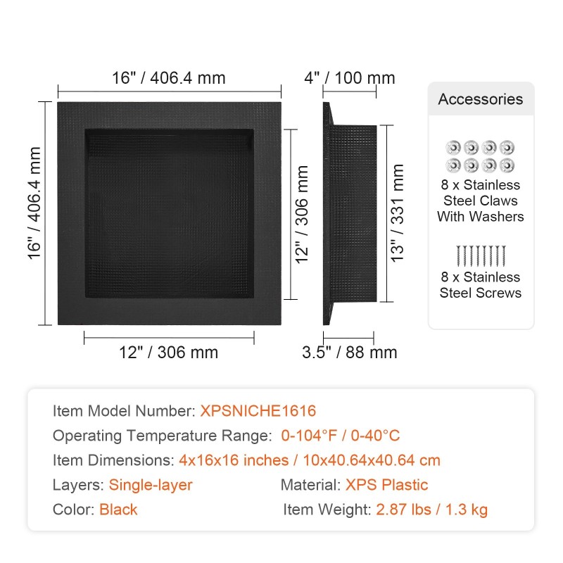 Suihkun seinään upotettava hyllysyvennys XPS-muovi 40,64x40,64 cm musta vedeneristetty