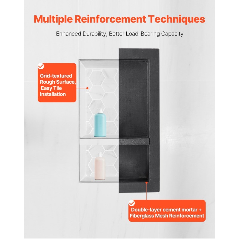 Suihkunika XPS-muovinen seinään upotettava 40,6x71,1x10,2 cm musta siirrettävä välitaso