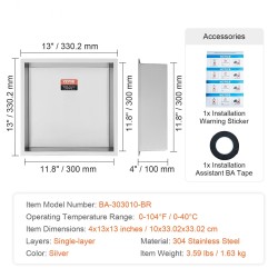 Seinään upotettava vesitiivis suihkutilahylly 304 ruostumaton teräs 33x33 cm