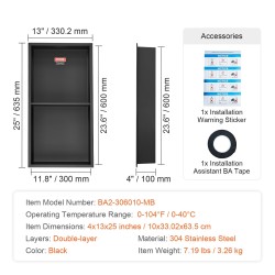 Seinään upotettava suihkuseinäsyvennys 304 ruostumaton teräs 10x33,02x63,5 cm kaksitasoinen musta vesitiivis