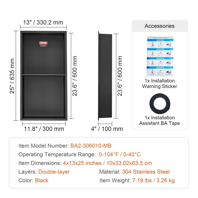 Seinään upotettava suihkuseinäsyvennys 304 ruostumaton teräs 10x33,02x63,5 cm kaksitasoinen musta vesitiivis
