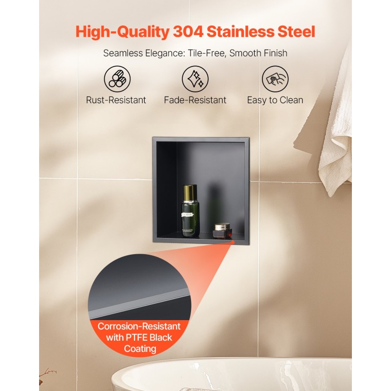 Upotettava suihkunišši 304-ruostumatonta terästä 33x33x10,2 cm yksihyllyinen musta