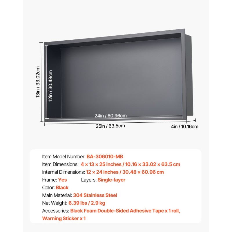 Upotettava suihkuhylly 304-ruostumattomasta teräksestä 10,2×33×63,5 cm vedenpitävä