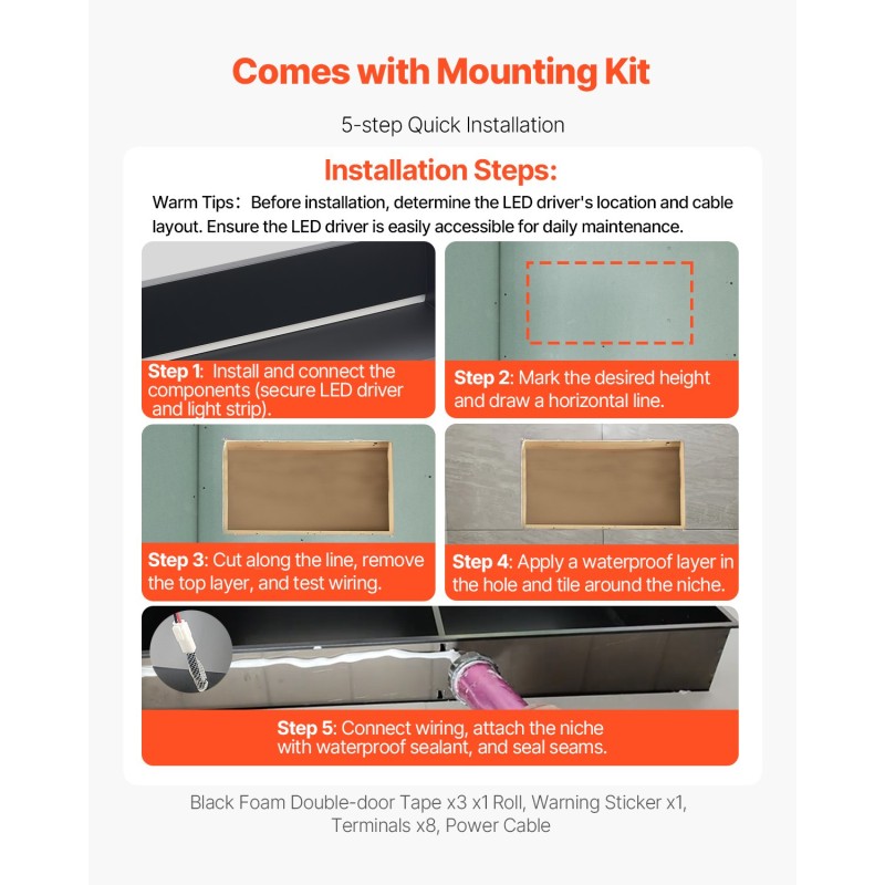 Suihkukolo 33x63,5x10,2 cm ruostumaton teräs musta vedenpitävä LED-valolla