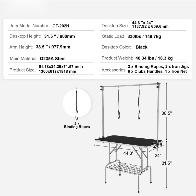 Trimmauspöytä ruostumattomasta teräksestä taittuva korkeussäädettävä H-muotoinen varsi pienille ja keskikokoisille koirille