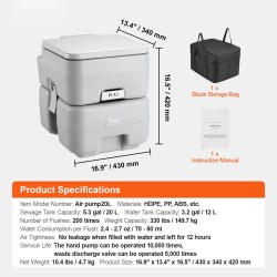 Kemiallinen kantokelpoinen matkailu-wc 20 L jätevesisäiliö 12 L vesitankilla 149,7 kg kantavuudella