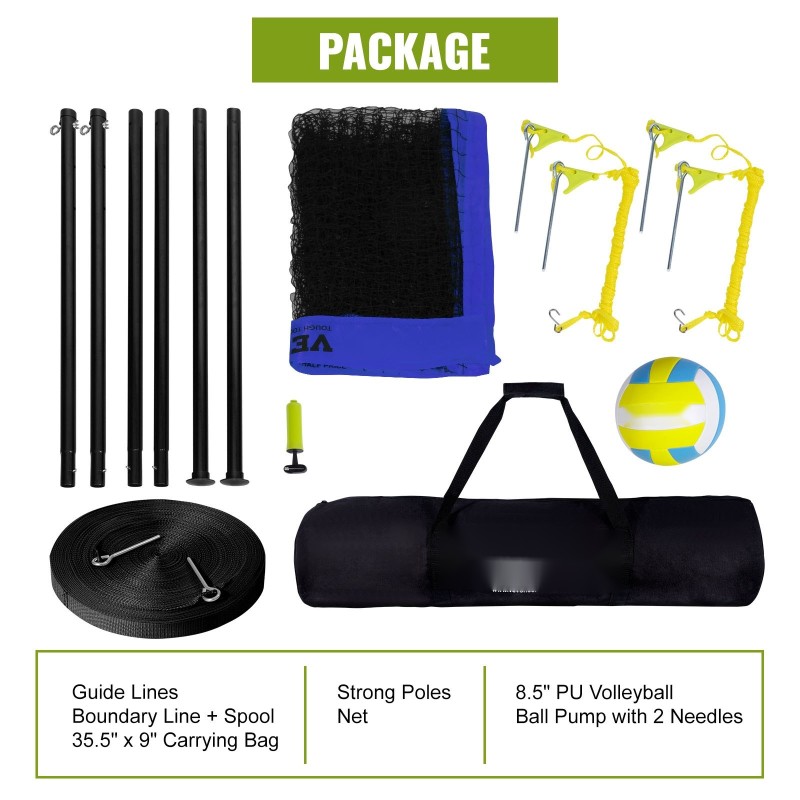 Lentopalloverkko kannettava ulkokäyttöön säädettävä korkeus terästolpat 21-säikeinen polyeteeniverkko mukana pallo pumppu