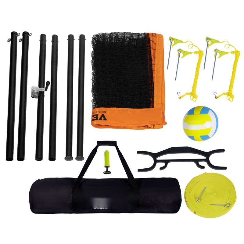 Kannettava ulkolentopalloverkkosetti säädettävällä korkeudella terästolpilla polyeteeniverkolla sisältää pallon pumpun ja