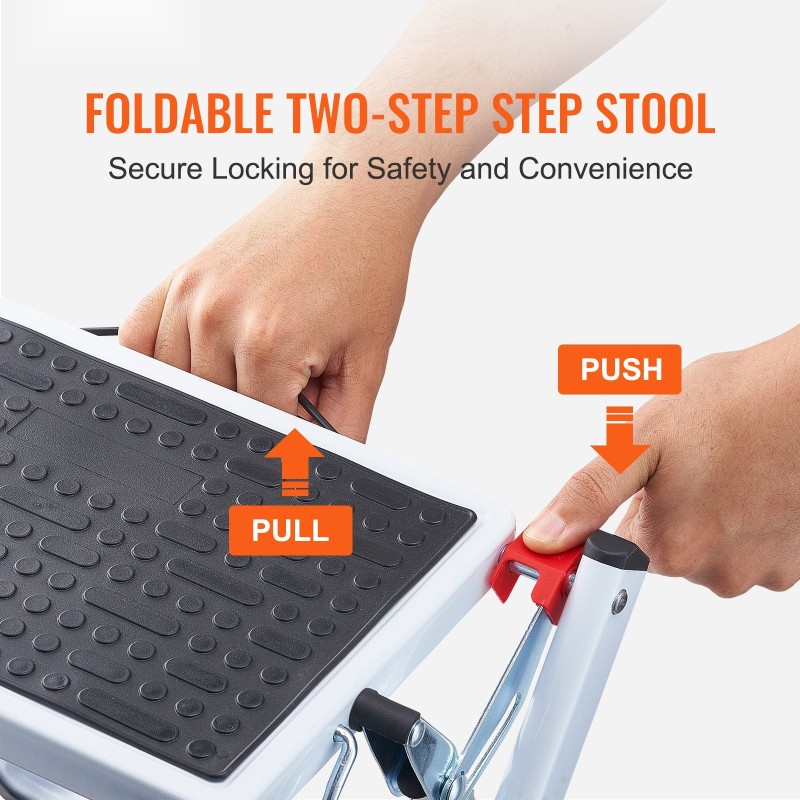 Taitettava kaksivaiheinen teräsjakkara 150 kilogramman kantavuus leveillä liukuestopinnoilla tukikaiteella