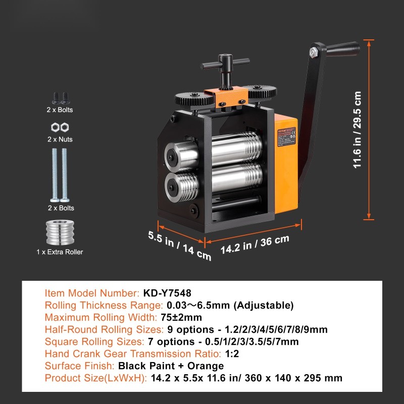 Rullausvalssi teräsrunkoinen 75 mm kolmitoiminen 0,03–6,5 mm säädettävä 1:2 hammaspyöräsuhde koruihin