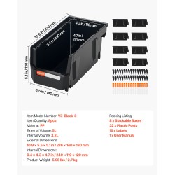 PP-muoviset pinottavat mustat laatikot 276x140x130 mm 8 kpl pienille osille