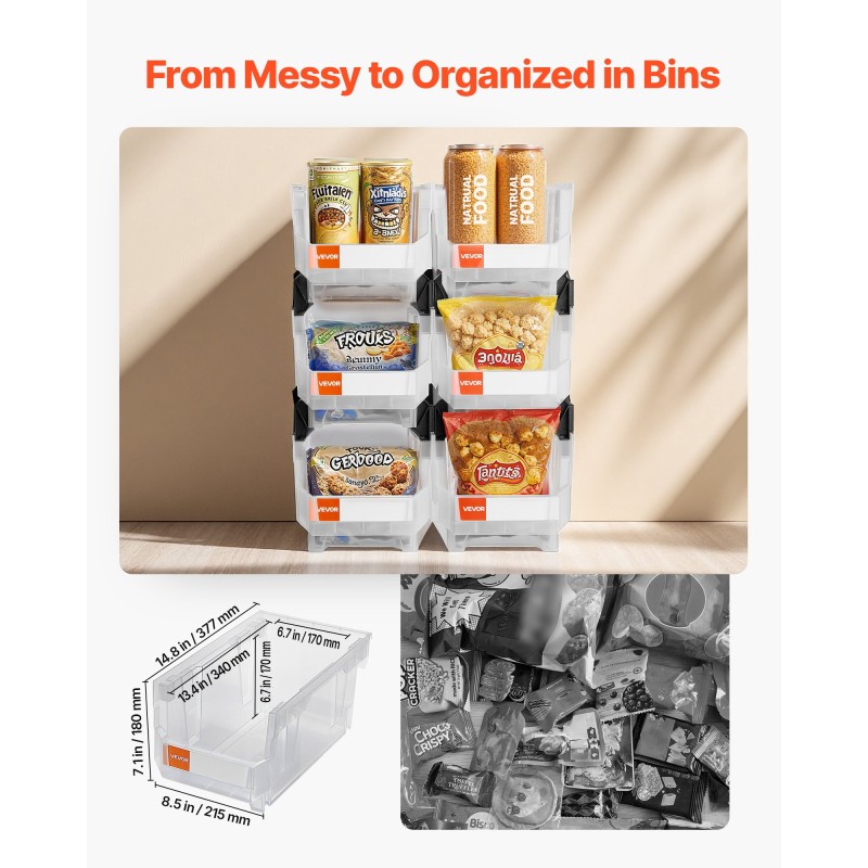 Pinottavat polypropeenimuovilaatikot 37,7 x 21,5 x 18 cm 6 kpl läpinäkyvät pientarvikkeille