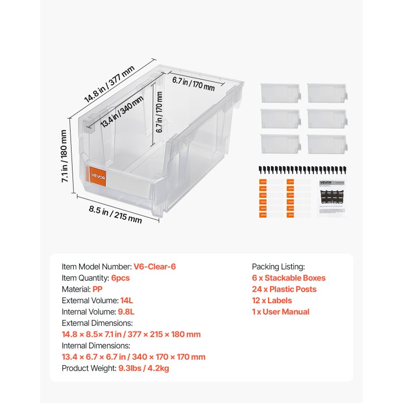 Pinottavat polypropeenimuovilaatikot 37,7 x 21,5 x 18 cm 6 kpl läpinäkyvät pientarvikkeille