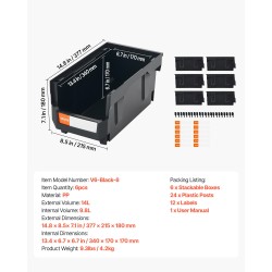 PP-muoviset pinottavat säilytyslaatikot koko 37,7×21,5×18 senttimetriä kuusi kappaletta musta