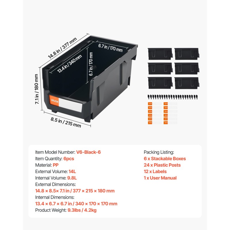 PP-muoviset pinottavat säilytyslaatikot koko 37,7×21,5×18 senttimetriä kuusi kappaletta musta