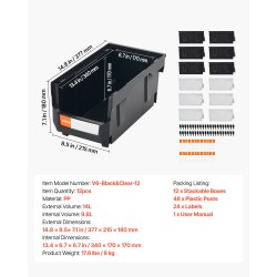 Pinottavat PP-muovilaatikot 377 x 215 x 180 mm 12 kpl musta läpinäkyvä