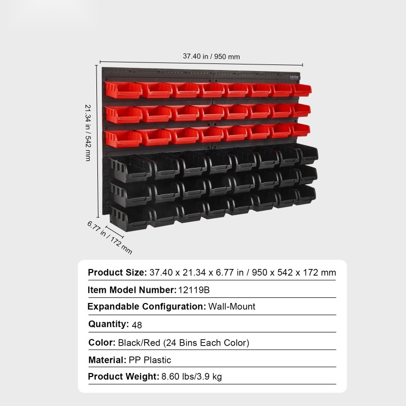Seinäkiinnitettävä PP-muovilokerikko 48 lokeroa pinottava pienten osien säilytykseen