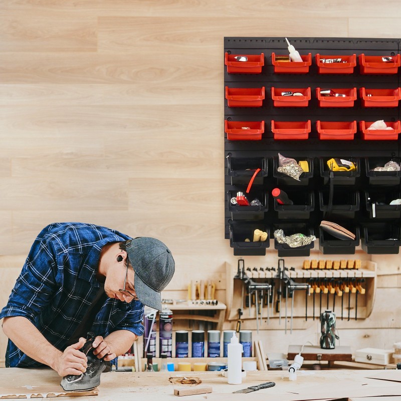 Seinäkiinnitettävä PP-muovilokerikko 48 lokeroa pinottava pienten osien säilytykseen