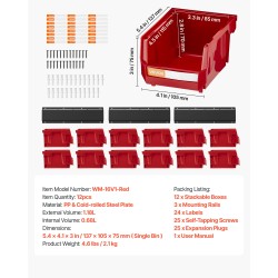 Seinäkiinnitteinen säilytysjärjestelmä 12 PP-muovilaatikkoa 3 teräskiskoa punainen pienosille