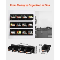 Seinäasennettava säilytysjärjestelmä pienosille 12 PP-muovilaatikkoa 3 teräskiskoa musta