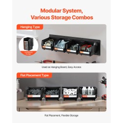 Seinäasennettava säilytysjärjestelmä pienosille 12 PP-muovilaatikkoa 3 teräskiskoa musta