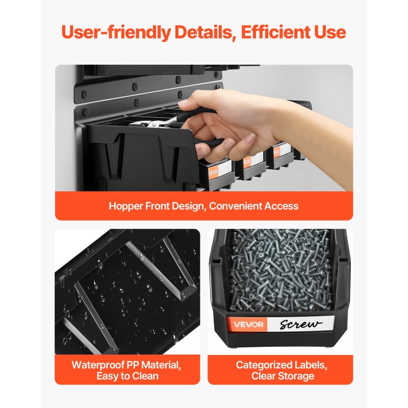 Seinäasennettava säilytysjärjestelmä pienosille 12 PP-muovilaatikkoa 3 teräskiskoa musta