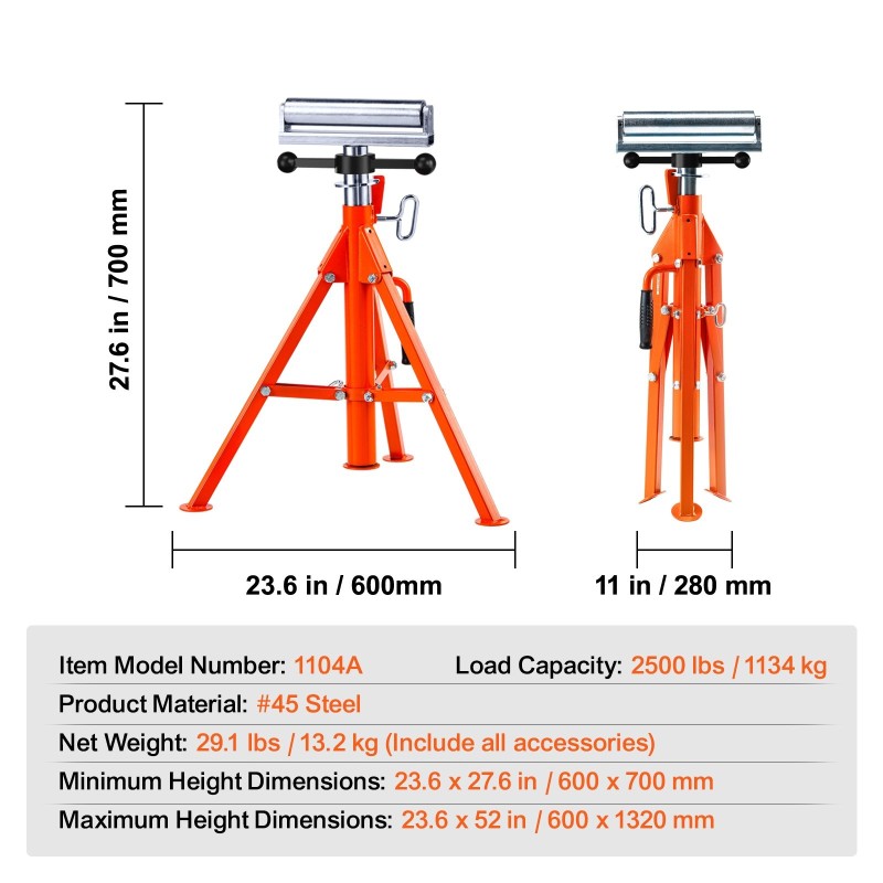 Rullateline 45-teräksestä 1134 kg kantavuus 700–1320 mm korkeussäädettävä putkille ja puulevyille