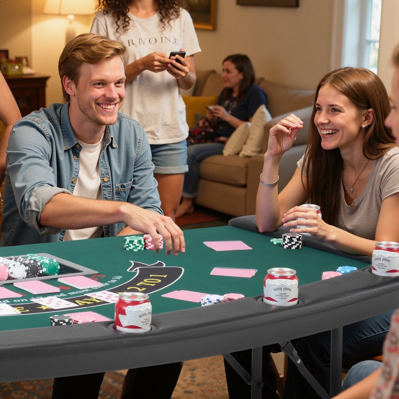 Taitettava pokeripöytä 7 pelaajalle huopapinta pehmustetut reunat mukitelineet