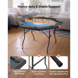 Taitettava kahdeksankulmainen pokeripöytä 8 pelaajalle huopapinnalla metallijaloilla