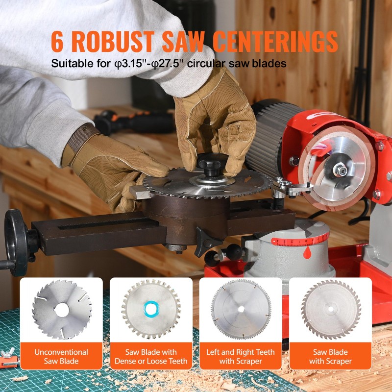 Pyörösahanterän teroitin 370 W 125 mm hiomalaikalla valurautarunko sopii 80–698 mm terille