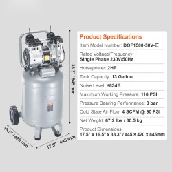 Öljytön ilmakompressori 49,2 l säiliö 2 hv 116 psi 230 V