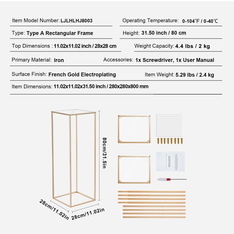 Kukkateline rautainen kultapinnoitettu 80 cm 2 kpl akryylitasolla hääjuhliin