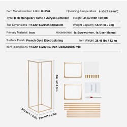 Hääkukkaständi rautainen 80 cm 10 kpl akryylitaso kullanvärinen suorakulmainen runko