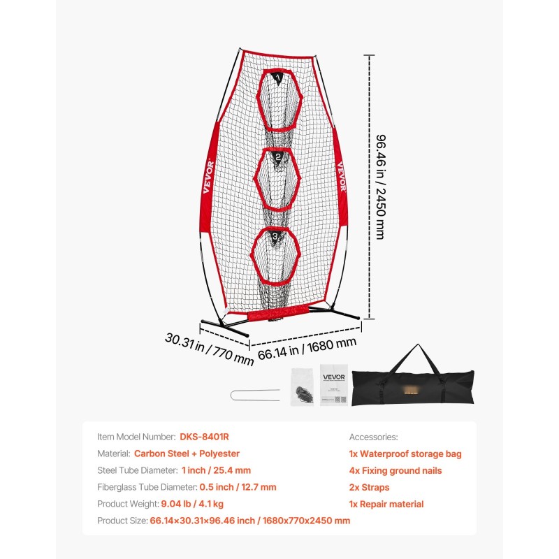 Amerikkalaisen jalkapallon heittoharjoitusverkko 3 kohdetaskua teräsrunkoinen lasikuitukaarinen kuljetuspussilla