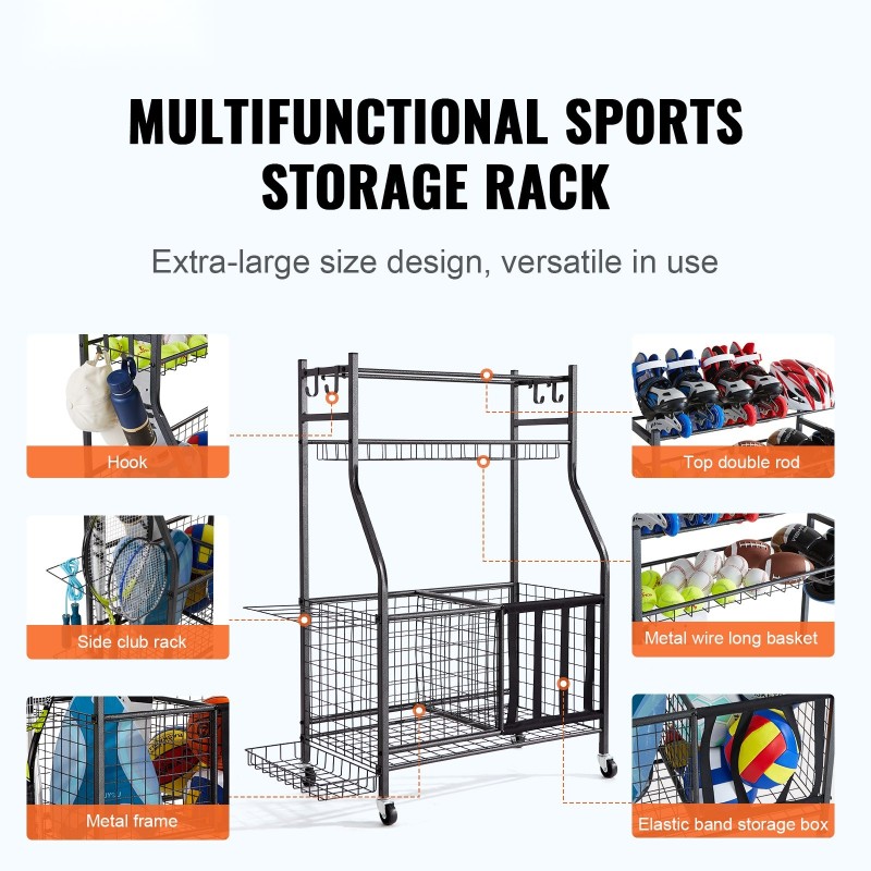 Urheiluvälinevaunu jauhemaalattua terästä 920x415x1156 mm musta lukittavat pyörät