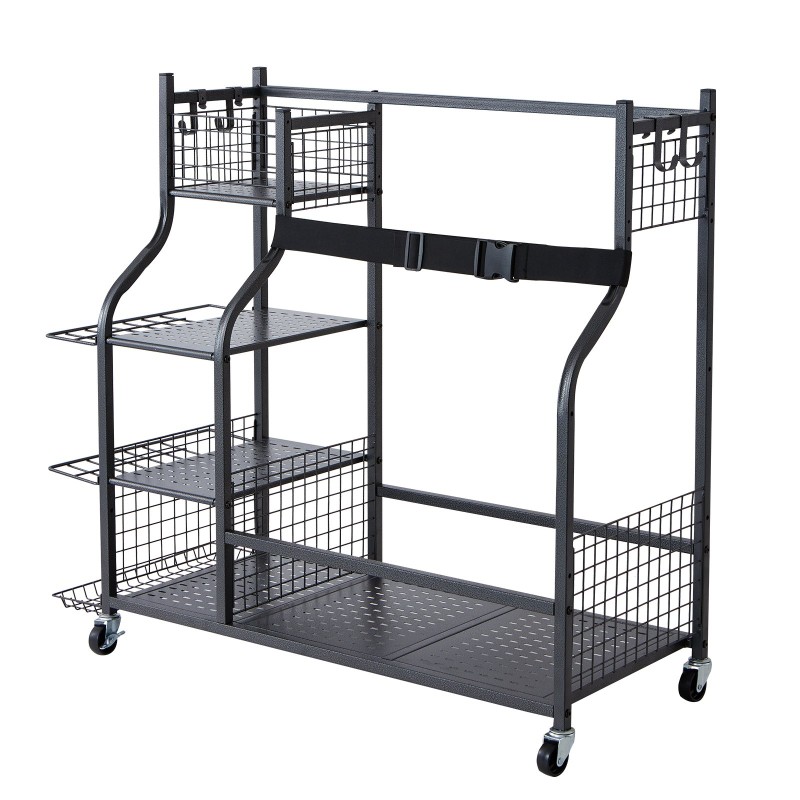 Teräksinen liikuteltava säilytyshylly golfbägeille kaksi paikkaa koreilla ja koukuilla lukittavilla pyörillä