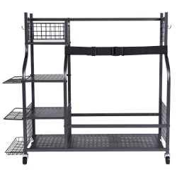 Teräksinen liikuteltava säilytyshylly golfbägeille kaksi paikkaa koreilla ja koukuilla lukittavilla pyörillä