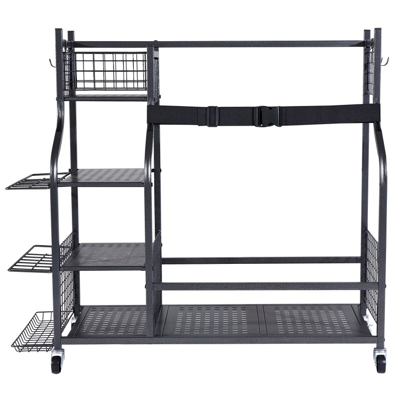 Teräksinen liikuteltava säilytyshylly golfbägeille kaksi paikkaa koreilla ja koukuilla lukittavilla pyörillä