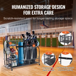 Teräksinen säilytysteline golfbagille ja varusteille 3 paikalle korit koukut pyörillä