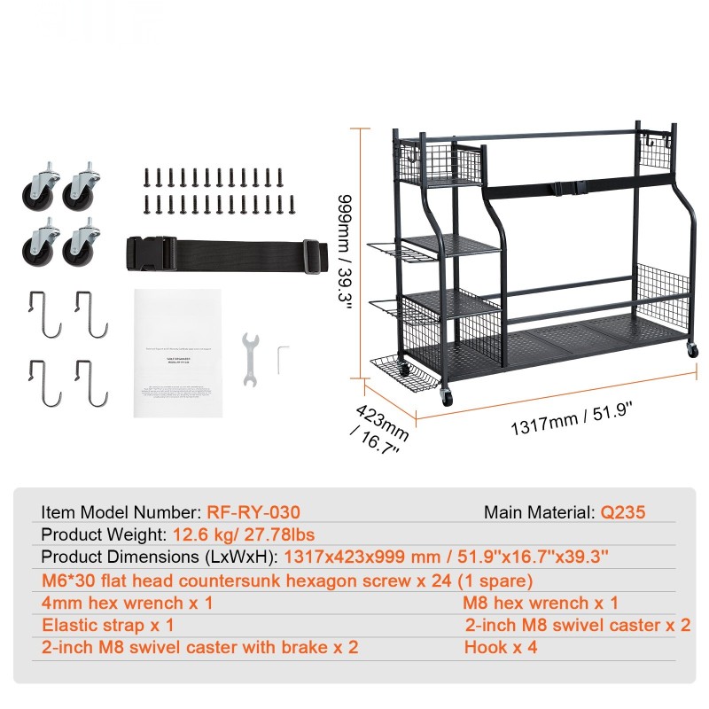 Teräksinen säilytysteline golfbagille ja varusteille 3 paikalle korit koukut pyörillä