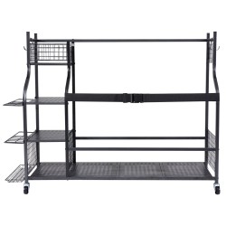 Teräksinen säilytysteline golfbagille ja varusteille 3 paikalle korit koukut pyörillä