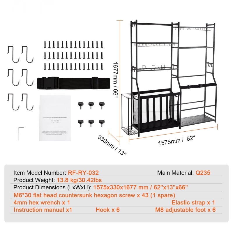 Teräksinen säilytyshylly kahdelle golfbägille koukuilla ja koreilla musta