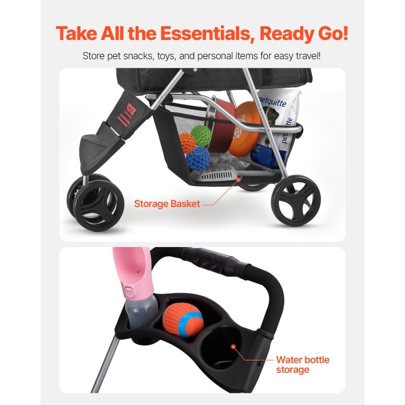 Kokoontaitettavat lemmikkirattaat 16 kg kantavuus 3 pyörää verkkoikkunat mukiteline jarru