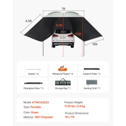 Auton sivukatos 10 x 7 jalkaa 190T polyesterikangas PU2000mm UV50+ kantolaukulla