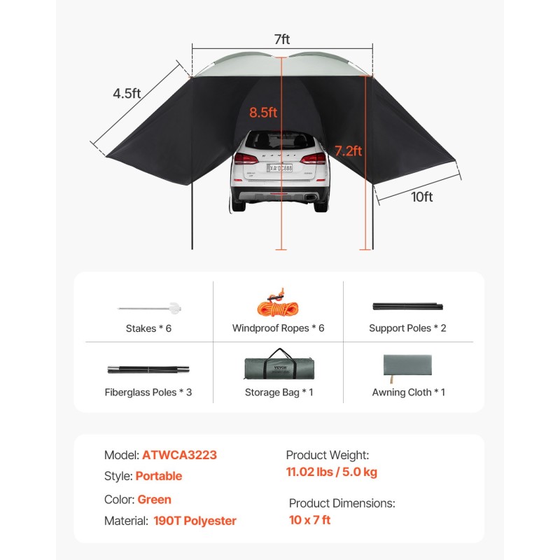 Auton sivukatos 10 x 7 jalkaa 190T polyesterikangas PU2000mm UV50+ kantolaukulla