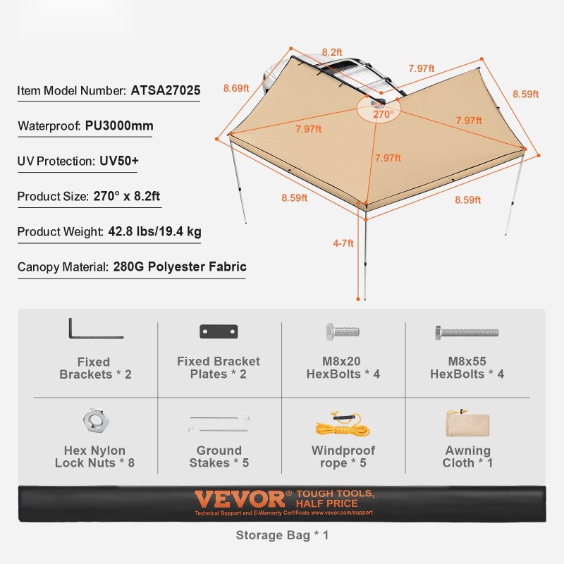 Auton markiisi 270 asteen 8.2-jalkainen 280 g polyesterikangas vedenpitävä UV-suojattu alumiinipylväät